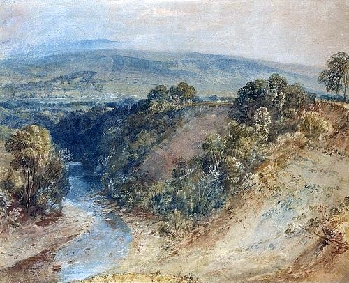 Joseph Mallord William Turner, The Valley of the Washburn, Otley Chevin in the Distance. Ca. 1815-24. (Turner,Joseph Mallord William,1775-1851,Christie's Images Ltd,Aquarell- und Deckfarben,19. Jahrhundert,Landschaft,auf grauem Papier,william turner,turner,landschaft,romantik,britisch,fernsicht,natur)
