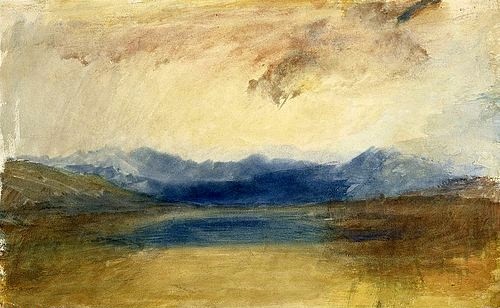 Joseph Mallord William Turner, Eine gebirge Landschaft mit einem See. / A Mountainous Landscape with a Lake. Ca. 1820er Jahre. (Turner,Joseph Mallord William,1775-1851,Christie's Images Ltd,Aquarell,19. Jahrhundert,william turner,turner,landschaft,berge,gebirge,see,romantik,britisch,aquarell,gebirgslandschaft)
