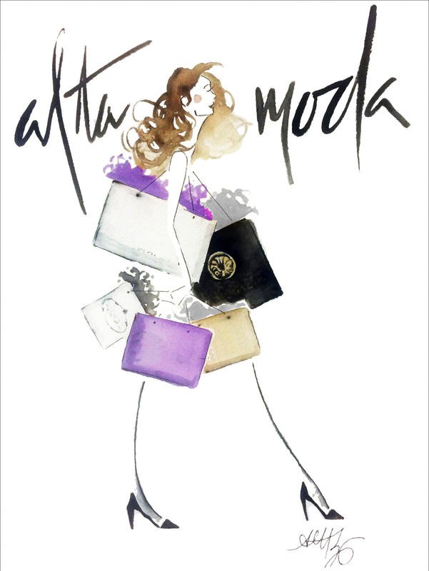 Alicia Zyburt, SHOPPING I (Frau, shopping, Tüten, Einkaufen, Mode, Paris, witzig, Aquarell, modern, skizziert, Wohnzimmer, Jugendzimmer, Mädchenzimmer, Wunschgröße, bunt)