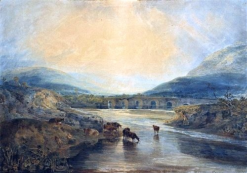 Joseph Mallord William Turner, Abergavenny Bridge, Monmouthshire: Clearing Up After A Showery Day. (Aufklaren nach einem regnerischen Tag.) (19. Jahrhundert,Turner,Joseph Mallord William,1775-1851,Bleistift und Aquarell,Christie's Images Ltd,turner,william turner,landschaft,himmel,fluss,sonnenlicht,vieh,kühe,rinder,flussufer,berge)