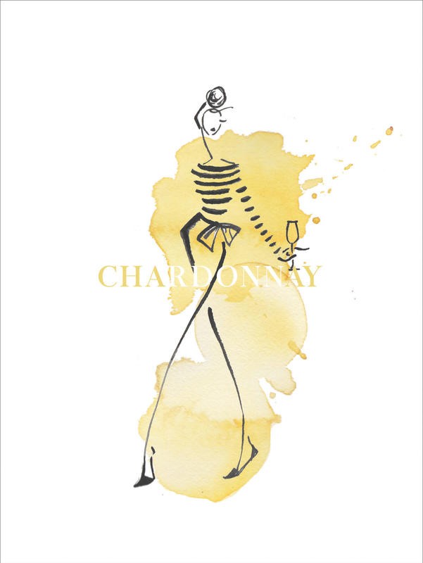 Alicia Zyburt, FASHION IN YELLOW II (Frau, Eleganz, Party, Weinglas, Chardonnay, Mode, Aquarell, modern, skizziert, Wohnzimmer, Wunschgröße, gelb/schwarz)