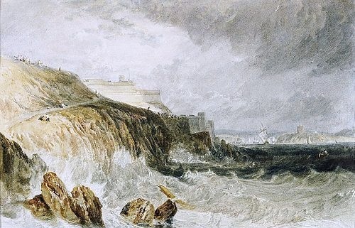 Joseph Mallord William Turner, Zitadelle von Plymouth, ein Sturm. (Plymouth Citadel, a Gale.) 1815 (Aquarell und Bleistift,mit Auskratzungen,19. Jahrhundert,Turner,Joseph Mallord William,1775-1851,Christie's Images Ltd,william turner,turner,küste,meer,sturm,felsküste,festung,zitadelle,steilküste)