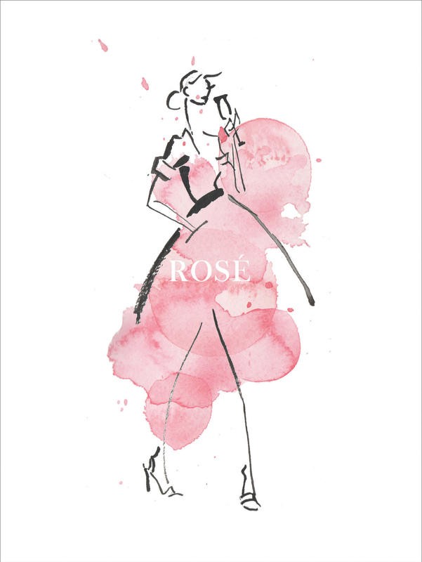 Alicia Zyburt, FASHION IN ROSE II (Frau, Eleganz, Party, Weinglas, Rosé, Mode, Aquarell, modern, skizziert, Wohnzimmer, Wunschgröße, rosa/schwarz)