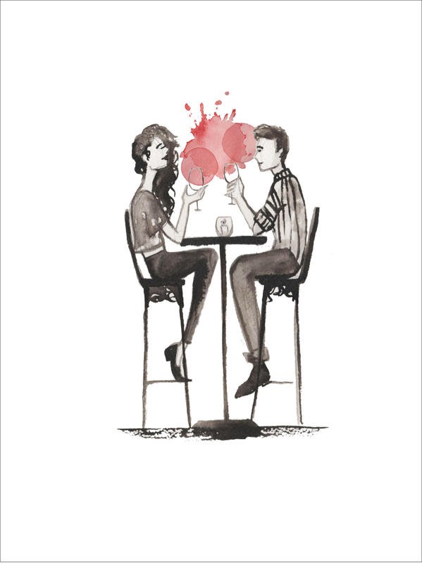 Alicia Zyburt, ENTERTAIN I (Café, Bar, Barhocker, Pärchen, Genuss, Wein, Weinflecken, Aquarell, modern, Wohnzimmer, Bistro, Küche, Esszimmer, Gastronomie, Wunschgröße, Colourspot, Malerei, schwarz/weiß/rot)