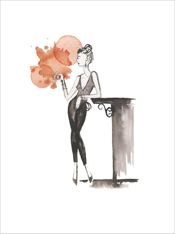 Alicia Zyburt, ENTERTAIN II (Café, Bar, Bartisch, Theke, Frau, Genuss, Wein, Weinflecken, Aquarell, modern, Wohnzimmer, Bistro, Küche, Esszimmer, Gastronomie, Wunschgröße, Colourspot, Malerei, schwarz/weiß/rot)
