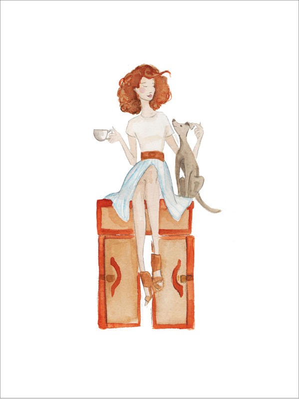 Alicia Zyburt, TRAVEL ITALIAN (Mädchen, Hund, Reisende, Koffer, Urlaub, Italien, Aquarell, modern, Wohnzimmer, Treppenhaus, Jugendzimmer, Wunschgröße,  Malerei, bunt)