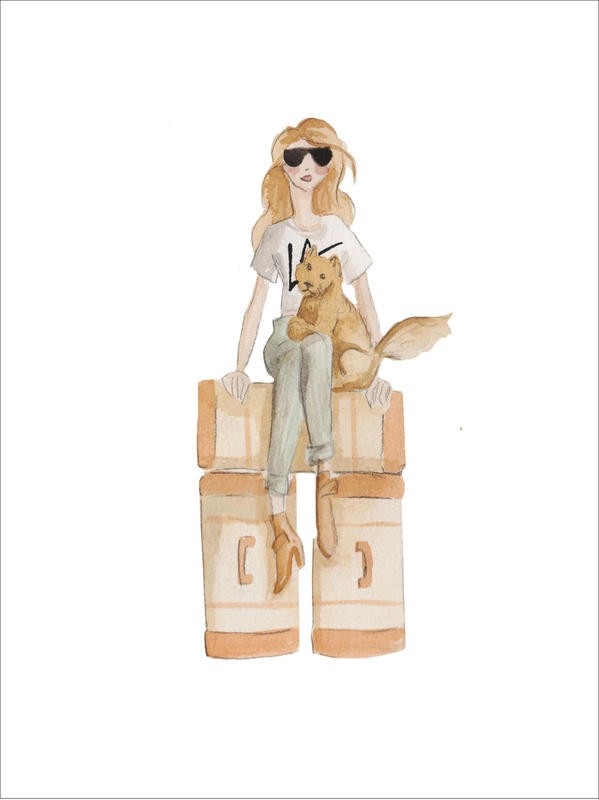 Alicia Zyburt, TRAVEL LA (Mädchen, Hund, Reisende, Koffer, Urlaub, Los Angeles, Aquarell, modern, Wohnzimmer, Treppenhaus, Jugendzimmer, Wunschgröße,  Malerei, bunt)