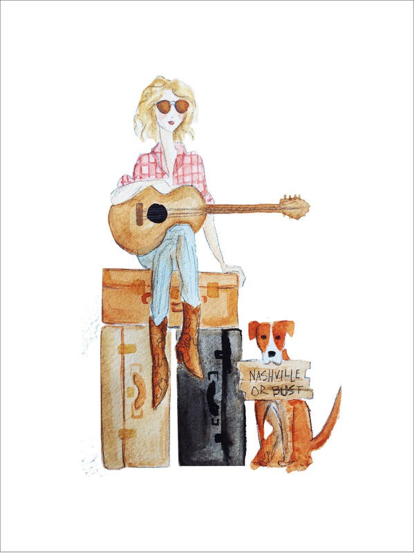 Alicia Zyburt, TRAVEL NASHVILLE (Mädchen, Hund, Reisende, Koffer, Gitarre, Western style, Nashville Tennessee, Urlaub, Aquarell, modern, Wohnzimmer, Treppenhaus, Jugendzimmer, Wunschgröße,  Malerei, bunt)