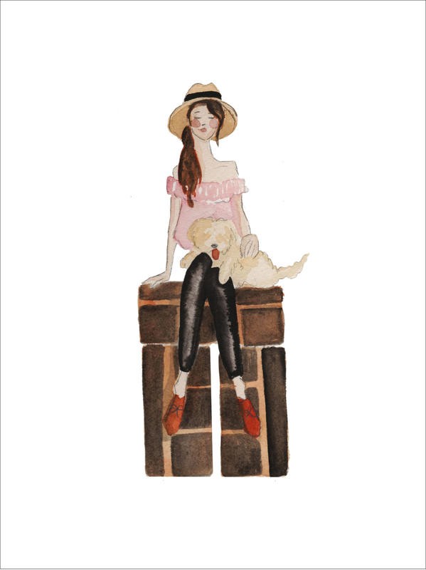 Alicia Zyburt, TRAVEL SPAIN (Mädchen, Hund, Hut, Reisende, Koffer, Urlaub, Spanien, Aquarell, modern, Wohnzimmer, Treppenhaus, Jugendzimmer, Wunschgröße,  Malerei, bunt)