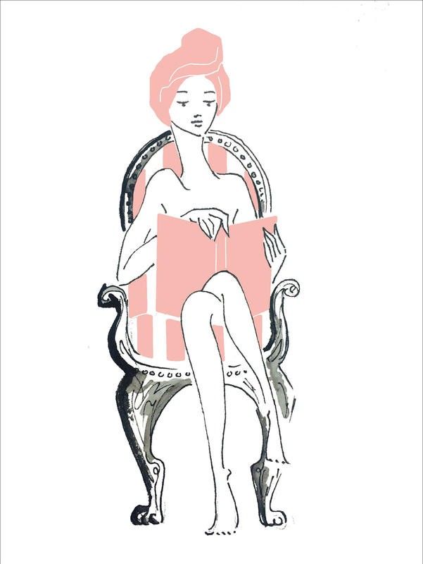 Alicia Zyburt, SPA READING (Frau, Spa, Wellness, Entspannung, Lesende, Aquarell, modern, skizziert, Wohnzimmer, Badezimmer, Wunschgröße, rosa/grau)