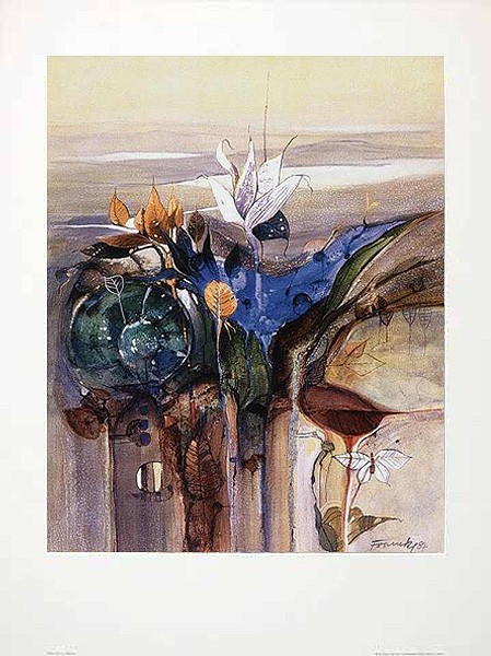 Dieter Framke, Die Blüte erwacht (Landschaft, Blumen, Blüten, Blätter,Klippe, Fantastisch, Schneckenhaus, Fische, Traum, Wohnzimmer, Treppenahus Schlafzimmer, bunt)