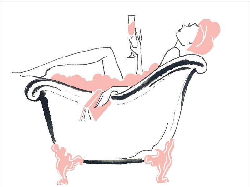 Alicia Zyburt, SPA TUB (Frau, Badewanne, Spa, Wellness, Entspannung, Sekt, Genuss, Aquarell, modern, skizziert, Wohnzimmer, Badezimmer, Wunschgröße, rosa/grau)