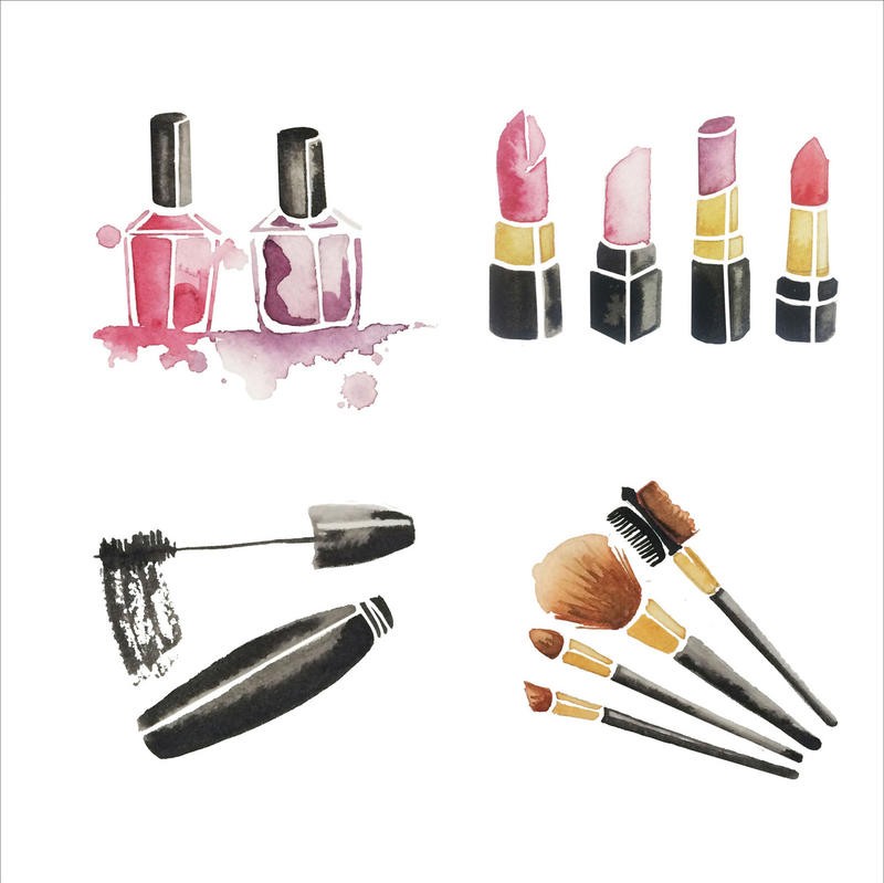 Alicia Zyburt, MAKE ME GORGEOUS I (Schminke, Lippenstift, Nagellack, Wimperntusche, Mascara, Pinsel, Aquarell, modern, Schminkzimmer, Badezimmer, Wunschgröße, bunt)