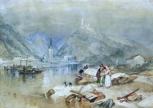 Joseph Mallord William Turner, Berkastel an der Mosel mit der Ruine der Burg Landshut (Berncastel on the Moselle with the Ruins of Landshut). Um 1834 (Aquarell und Bleistift,weiß gehöht,19. Jahrhundert,Turner,Joseph Mallord William,1775-1851,Christie's Images Ltd,turner,william turner,deutschland,bernkastel,landshut,burg,mosel,fluß,landschaft,dorf,kirche,berg,landschaft)