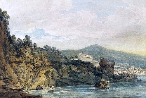 Joseph Mallord William Turner, Die Küste bei Vietri, Salerno in der Ferne, mit der Burg sichtbar über dem Torre Crestarella. / The Coast under Vietri, Salerno in the Distance, the Castle seen above the Torre Crestarella. (Turner,Joseph Mallord William,1775-1851,Christie's Images Ltd,Aquarell und Bleistift,william turner,turner,italien,salerno,küste,landschaft,berg,stadt)