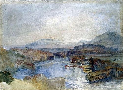Joseph Mallord William Turner, Genf aus westlicher Sicht, am Zusammenfluss der Flüsse Rhone und Arve (Geneva From The West, From The Junction Of The Arve And The Rhone). Um 1836 (Turner,Joseph Mallord William,1775-1851,Christie's Images Ltd,19. Jahrhundert,Bleistift und Aquarell,william turner,turner,genf,stadt,landschaft,rhone,arve,fluss,schweiz)