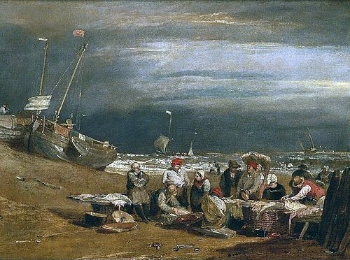 Joseph Mallord William Turner, Ein Fischmarkt am Strand. Um 1802-04 (Turner,Joseph Mallord William,1775-1851,Christie's Images Ltd,Öl auf Leinwand,19. Jahrhundert,turner,william turner,strand,meer,küste,männer,fischer,boote,fischerboote,fischerei,männer)