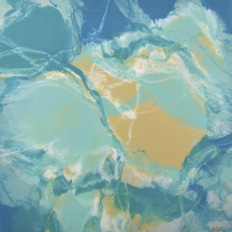 Barbara Bilotta, WHERE TO BEGIN (Abstrakte Kunst, Struktur, Oberfläche, Meer, Land, Wunschgröße, Treppenhaus, Wohnzimmer, Büro, Arztpraxis, modern, zeitgenössische Malerei, blau/beige)