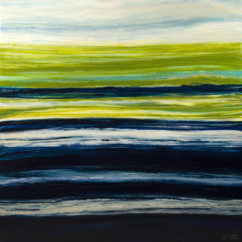 Barbara Bilotta, EMERALD HORIZON II (Abstrakte Kunst, Wellen, Meer, Ozean, Bewegung, Wasser, Horizont, Wunschgröße, Treppenhaus, Wohnzimmer, Büro, Arztpraxis, modern, zeitgenössische Malerei, blau/grün/weiß)