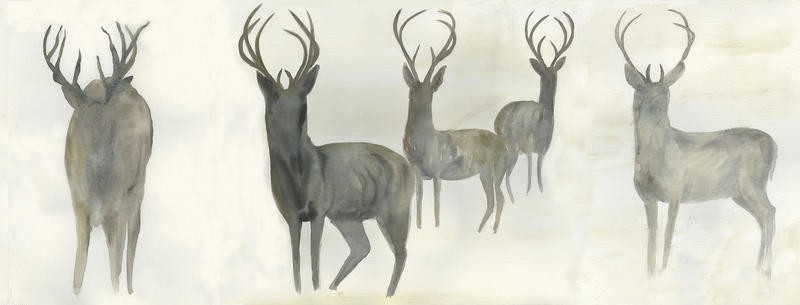 Beverly Dyer, DEER IN THE MORNING (Hirsche, Wild, Tier, Dunst, Nebel, Schemen, Morgendunst, zeitgenössisch, Wohnzimmer,  Treppenhaus, Malerei, Wunschgröße, grau)