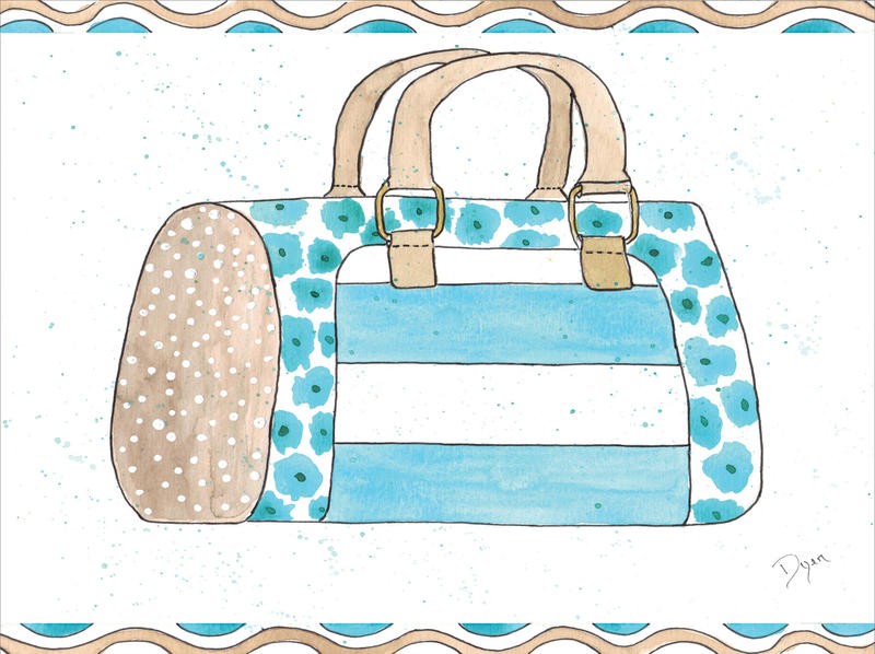 Beverly Dyer, TURQUOISE DREAM BAG I (Tasche, Handtasche, Frauentasche, Shopping, Streifen, Blumenmuster, Mode, Grafik, Treppenhaus, Wunschgröße, bunt)
