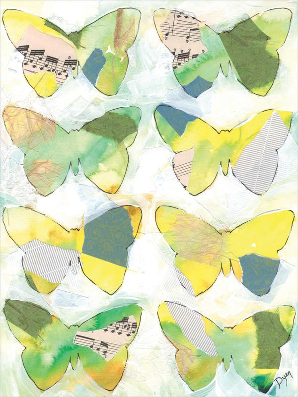 Beverly Dyer, BUTTERFLY WINDOWS II (Schmetterlinge, Collage, Aquarell, Schlafzimmer, Wohnzimmer, Treppenhaus, Malerei, Wunschgröße, pastell-gelb)