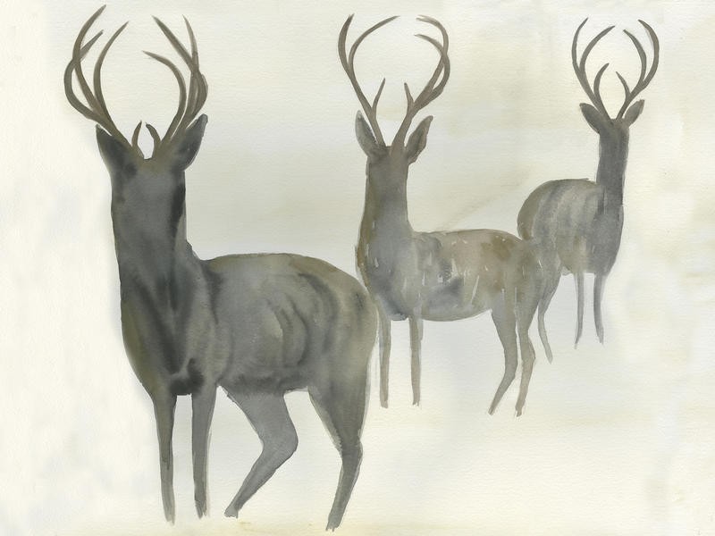 Beverly Dyer, DEER TRIO (Hirsche, Wild, Tier, Dunst, Nebel, Schemen, Morgendunst, zeitgenössisch, Wohnzimmer,  Treppenhaus, Malerei, Wunschgröße, grauE)