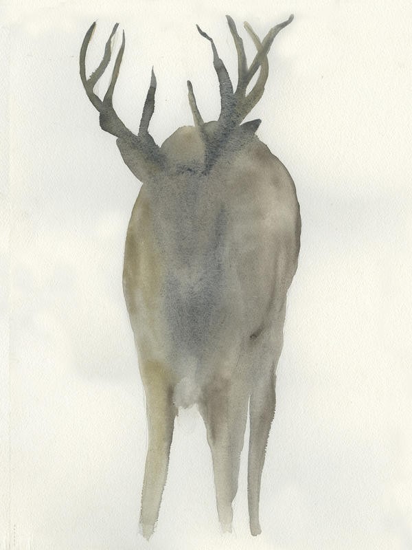 Beverly Dyer, DEER SOLO I (Hirsch, Wild, Tier, Dunst, Nebel, Schemen, Morgendunst, zeitgenössisch, Wohnzimmer,  Treppenhaus, Malerei, Wunschgröße, grau)