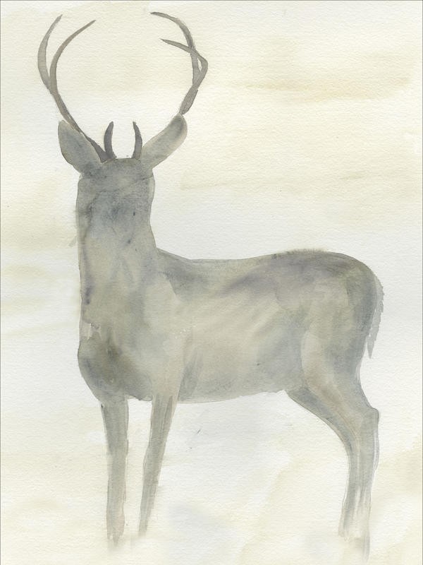 Beverly Dyer, DEER SOLO II (Hirsch, Wild, Tier, Dunst, Nebel, Schemen, Morgendunst, zeitgenössisch, Wohnzimmer,  Treppenhaus, Malerei, Wunschgröße, grau)