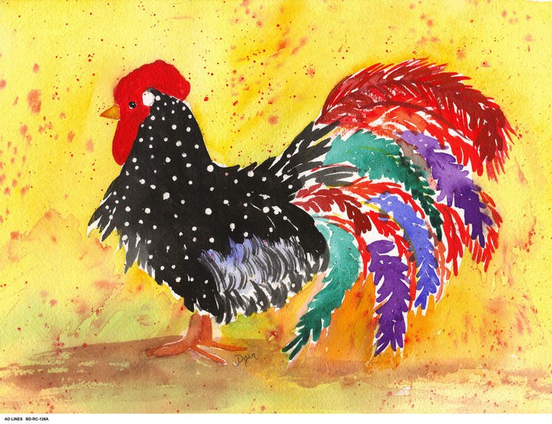 Beverly Dyer, FARM HOUSE ROOSTER I (Hahn, bunter Hahn, farbenfroh, Geflügel, Tiere, Nutztier, Farm, Bauernhof, zeitgenössisch, Wohnzimmer,  Esszimmer, Treppenhaus, Malerei, Wunschgröße, bunt)