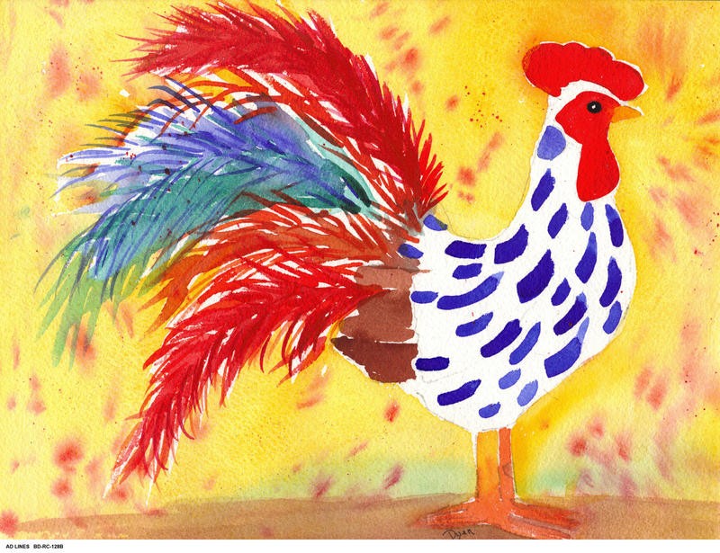 Beverly Dyer, FARM HOUSE ROOSTER II (Hahn, bunter Hahn, farbenfroh, Geflügel, Tiere, Nutztier, Farm, Bauernhof, zeitgenössisch, Wohnzimmer,  Esszimmer, Treppenhaus, Malerei, Wunschgröße, bunt)