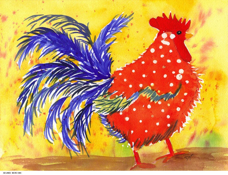 Beverly Dyer, FARM HOUSE ROOSTER III (Hahn, bunter Hahn, farbenfroh, Geflügel, Tiere, Nutztier, Farm, Bauernhof, zeitgenössisch, Wohnzimmer,  Esszimmer, Treppenhaus, Malerei, Wunschgröße, bunt)