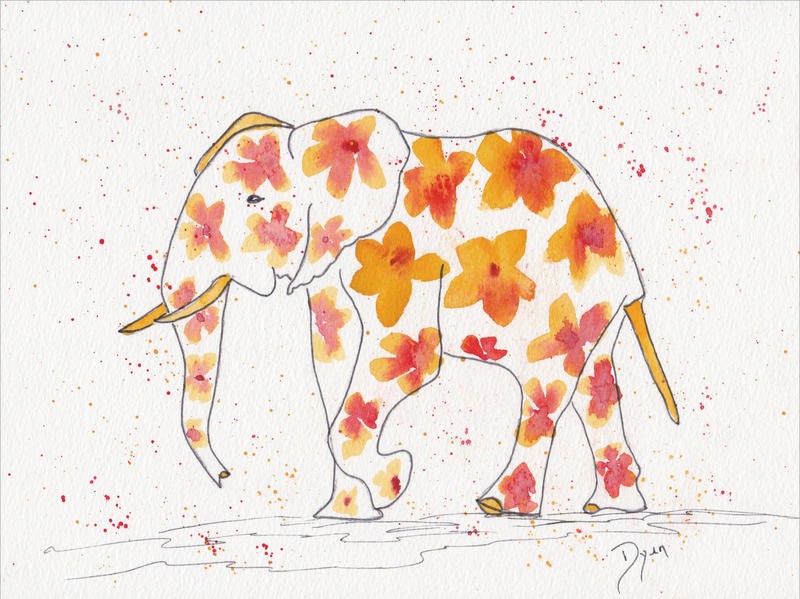 Beverly Dyer, ELEPHANT FLOWER (Elefant, Blumen, Pop Art, Grafik, Hippie, Wohnzimmer, Jugendzimmer, Treppenhaus, Malerei, Wunschgröße, bunt)