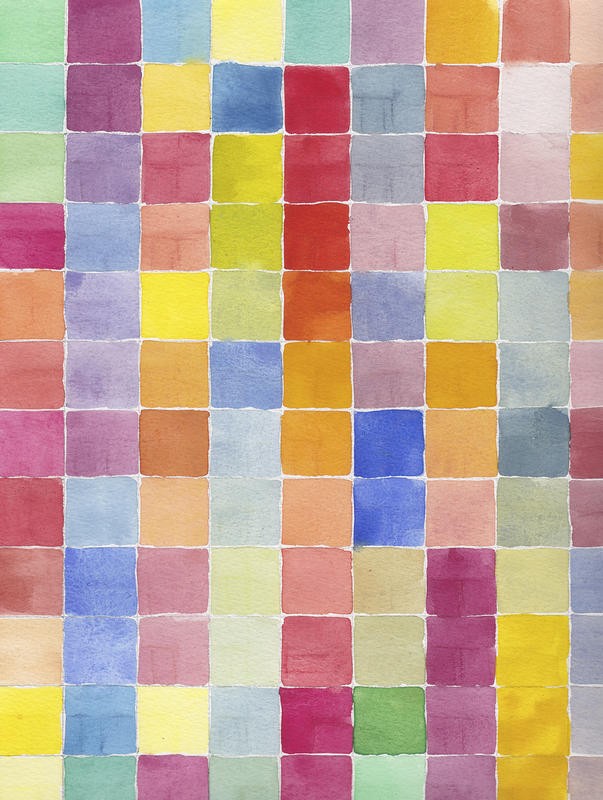 Beverly Dyer, RAINBOW COLOR BLOCK I (Quadrate, Kästchen, geometrisches Muster, Lineaturen, Aquarell, Schlafzimmer, Wohnzimmer, Treppenhaus, Malerei, Wunschgröße, regenbogenfarben, bunt)