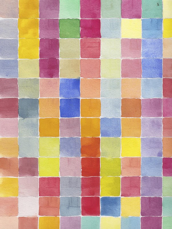 Beverly Dyer, RAINBOW COLOR BLOCK II (Quadrate, Kästchen, geometrisches Muster, Lineaturen, Aquarell, Schlafzimmer, Wohnzimmer, Treppenhaus, Malerei, Wunschgröße, regenbogenfarben, bunt)