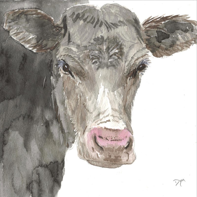 Beverly Dyer, FARM COW (Kuh, Tierportrait, Tiere, Nutztier, Farm, Bauernhof, zeitgenössisch, Wohnzimmer,  Treppenhaus, Malerei, Wunschgröße, grau)