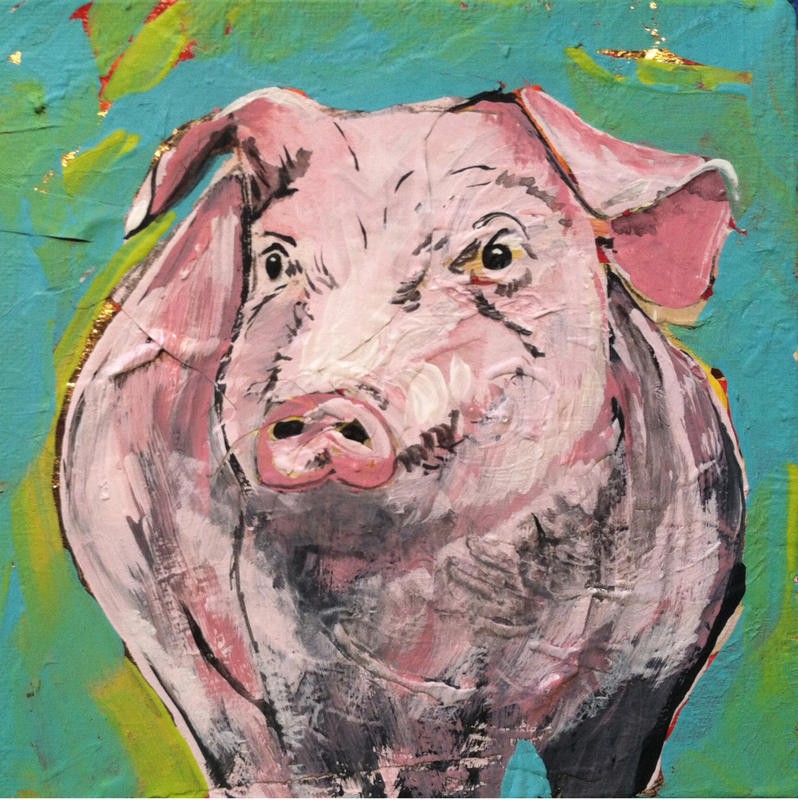 Beverly Dyer, FARM LIFE PIG I (Schwein, Tierportrait, Tiere, Nutztier, Farm, Bauernhof, zeitgenössisch, Wohnzimmer,  Treppenhaus, Malerei, Wunschgröße,rosa/bunt)