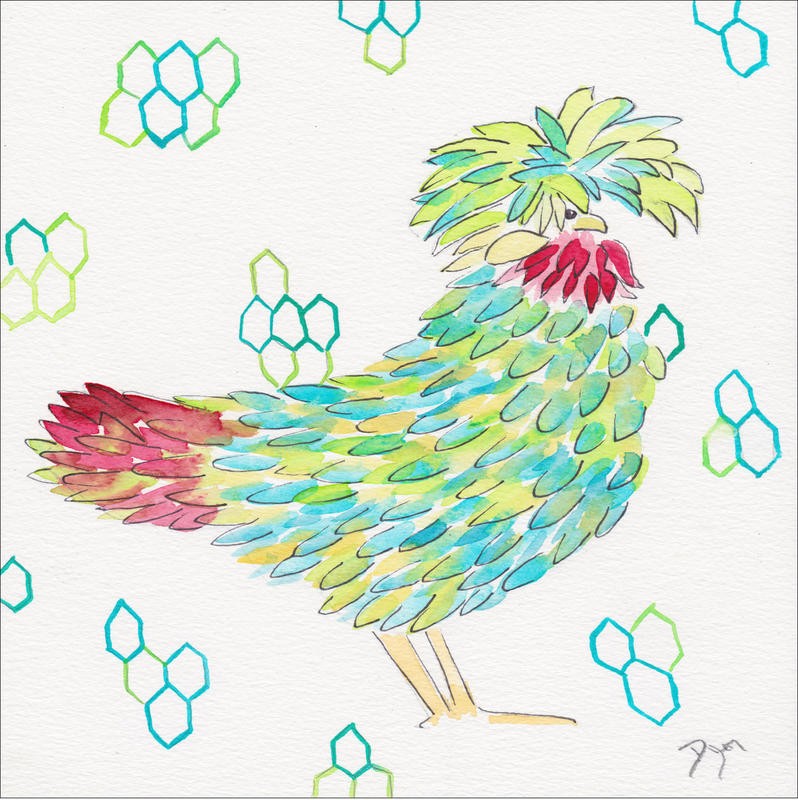 Beverly Dyer, FUNKY CHICKEN I (Huhn, modern, farbenfroh, Geflügel, Tiere, Farm, Bauernhof, zeitgenössisch, Wohnzimmer,  Esszimmer, Treppenhaus, Malerei, Wunschgröße, bunt)