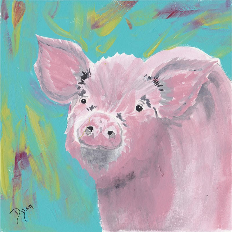 Beverly Dyer, FARM LIFE PIG II (Schwein, Tierportrait, Tiere, Nutztier, Farm, Bauernhof, zeitgenössisch, Wohnzimmer,  Treppenhaus, Malerei, Wunschgröße, bunt)