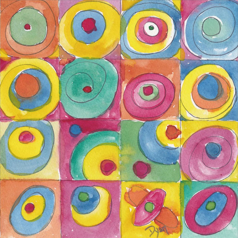 Beverly Dyer, TO GROUP I (Quadrate, Kästchen, Kreise, Kringel, Spiralen, modern, geometrisches Muster, Aquarell, Schlafzimmer, Wohnzimmer, Treppenhaus, Malerei, Wunschgröße, regenbogenfarben, bunt)