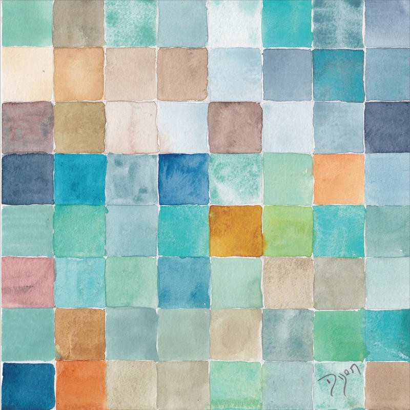 Beverly Dyer, TO GROUP II (Quadrate, Kästchen, geometrisches Muster, Lineaturen, Aquarell, Schlafzimmer, Wohnzimmer, Treppenhaus, Malerei, Wunschgröße, bunt)
