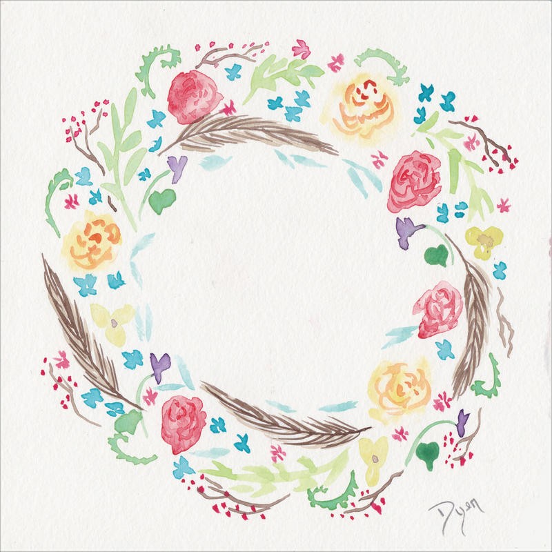 Beverly Dyer, WINDFLOWER WREATH I (Blumen, Blüten, Blütenkranz, Wohnzimmer,  Treppenhaus, Malerei, Wunschgröße, bunt)