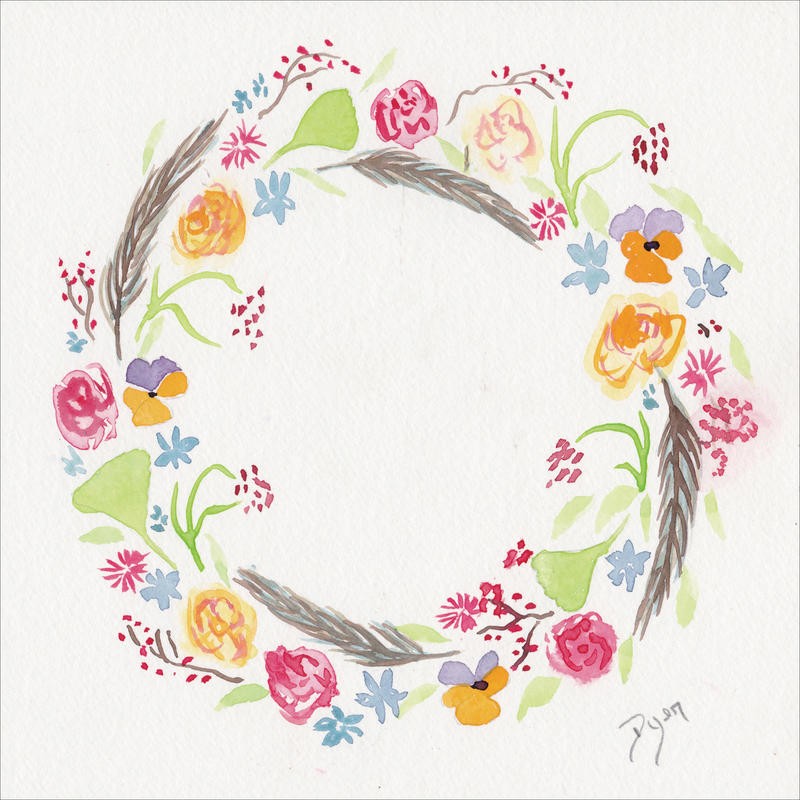 Beverly Dyer, WINDFLOWER WREATH II (Blumen, Blüten, Blütenkranz, Wohnzimmer, Treppenhaus, Malerei, Wunschgröße, bunt)
