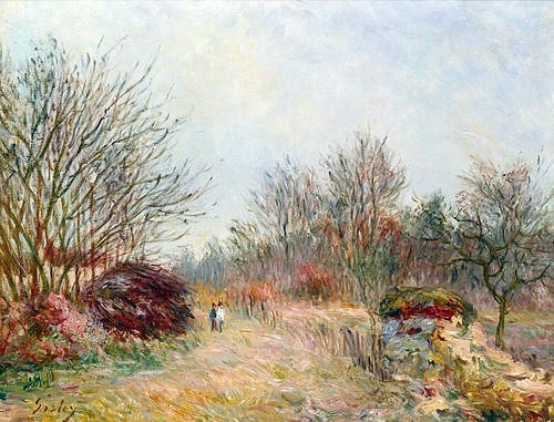 Alfred Sisley, Das kleine Wäldchen. (Sisley,Alfred,Christie's Images Ltd,1839-1899,Sisley,Alfred Sisley,19. Jahrhundert,Frankreich,Impressionismus,impressionistisch,Landschaft,Natur,Wald,Wäldchen,Spaziergang,spazieren gehen,Herbst,windig,Gestrüpp,kahl,kahle Bäume)