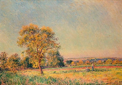 Alfred Sisley, Sommerlandschaft mit großem Baum. 1886 (Öl auf Leinwand,1839-1899,Christie's Images Ltd,Sisley,Alfred,Sommer,Baum,Feld,Felder,Sisley,Alfred Sisley,19. Jahrhundert,20. Jahrhundert,Frankreich,Impressionismus,impressionistisch,Landschaft,Natur,sonnig,Mann,auf dem Land,Wiese,Feldarbeit,Hitze,Sommer)