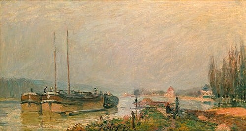 Alfred Sisley, Am Ufer der Seine. 1879 (Sisley,Alfred,Christie's Images Ltd,1839-1899,Öl auf Leinwand,Frankreich,Transportwesen,Transport,Fluss,Sisley,Alfred Sisley,19. Jahrhundert,Impressionismus,impressionistisch,Ufer,Seine,Landschaft,Flusslandschaft,Fluß,Schiffe,Kähne,Kahn,Lastkahn,Ankerplat)