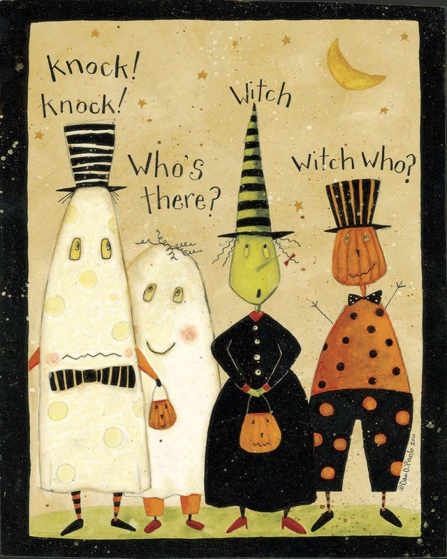 Dan DiPaolo, PUMPKIN I (Süßes oder Saures, Trick or treat, Hexe, Hexenhut, Geister, Kürbismann, Kostüme, Gruseln, Halloween, lustig, Humor,  Typografie, naive Malerei, Wunschgröße, Treppenhaus, bunt)