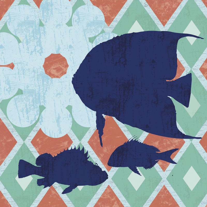 Lauren Gibbons, UNDER THE SEA FISHES (Fische, Blume, Rautenmuster, plakativ, Silhouette, modern, maritim, Wunschgröße,  Treppenhaus, Badezimmer)
