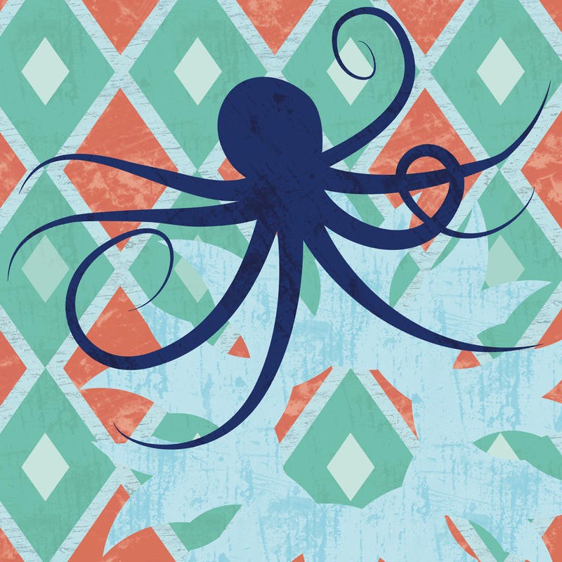 Lauren Gibbons, UNDER THE SEA OCTO (Tintenfisch, Krake, Blume, Rautenmuster, plakativ, Silhouette, modern, maritim, Wunschgröße,  Treppenhaus, Badezimmer)