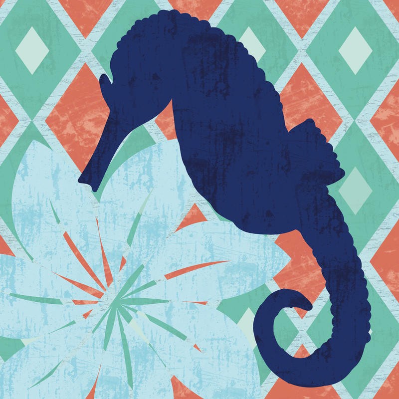 Lauren Gibbons, UNDER THE SEA HORSIE (Seepferdchen, Blume, Rautenmuster, plakativ, Silhouette, modern, maritim, Wunschgröße,  Treppenhaus, Badezimmer)
